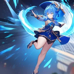 Clear focus,High resolution, Vibrant short blue hair, Vibrant blue eyes, Genshin impact inspired outfit, wearing a short skirt, kicking pose, full body, jumping