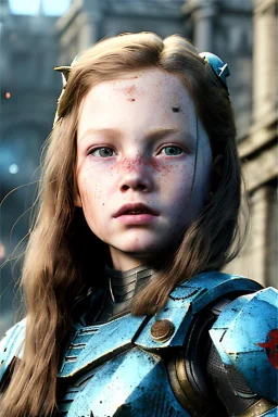 ultrarealistic, concept art,ruined city,__intricate fantasy armor__, no star, __angles__, 6 year old girl, strikingly beautiful,ginger hair, _colour_, (pale __skincolor__ skin:1.2), __camera__, long hair, detailed face and eyes, medium breasts, sci-fi theme, freckles, dynamic pose, resolved expression, __accessory__, strappy outfit, (straps:1.1), sword in scabbard on left hip, (buckles, buttons, snaps, rings:1.0), haltertop style breastplate, detailed eyes, plump lips