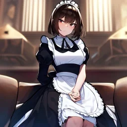 Clear focus, High resolution, girl wearing a maid outfit, medium length dark brown hair, sitting down, angry