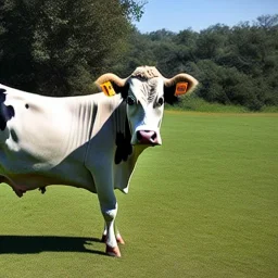 A cow wearing a pantsuit