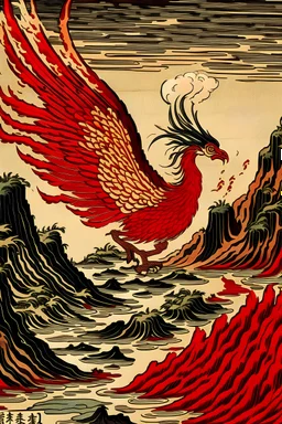 A dark red fiery underground mine with a phoenix painted by Katsushika Hokusai