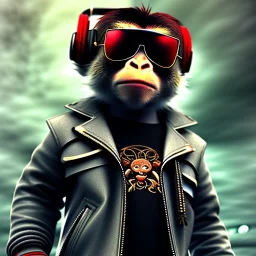 Monkey toddler, steampunk headphone, sunglass, gangsta neckless, full body, red leather jacket, tokio background, dramatic lighting, hyper realistic, unreal engine 5, 16k