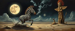 master oil painting by Rembrandt, good afternoon clay moon chill hyper bigger than life zebra dream smoking trickster golem peeking out of a sand twister whirlwind cocoon, all inside a bottle, and a big indian with mohawk and a totem