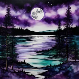 Alcohol ink art with thin black and purple lines at boundaries. Hyper realism, Fantasy, Surrealism, HD, Detailed. Centered. Shades of white, gold, purple, and dark green. A forest with pine trees and nearby lake. Very large full moon on horizon. Reflection. Waves splashing in the night. The sky filled with the cosmic wonder of the Milkyway. Starlit night.