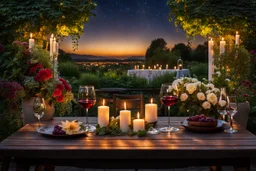 in the nice garden Cozy outdoor dining scene, on the table are lit candles, a bottle wine with two wineglasses, warm and inviting ambiance. in the distance plants, flowers, trees, summer night, high detailed, masterpiece