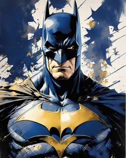 Batman, poster in two gradually, painting by Yoji Shinkawa, a one side darkblue and other side gold tones,