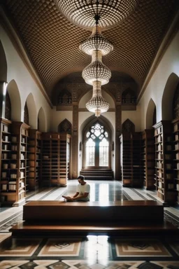 Big books case in a arabesque hall and moslim couple sitting for reading