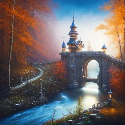 white horse on the bridge,evening, hawk eye view, spray painted fantasy art, book cover ,the stairs of a bridge or dam in magical forest,autumn icy water