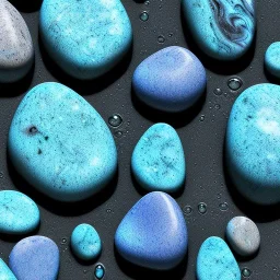 Blue raindrops on a rock, close up view, photo quality, stone marble, ultra realistic