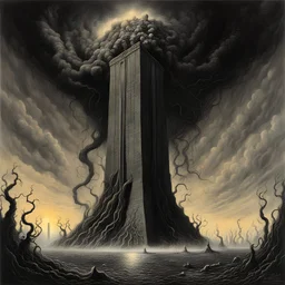 by Michael Whelan and Zdzislaw Beksinski and Stephen Gammell, lovecraftian eruption in Washington DC, lovecraftian entity curls around the Washington monument towering even higher than the monolith, nightmarish images pour out of its mouth blanketing the sky with a miasma of bad dreams, fantastical digital art, dramatic, Eldritch, hyperdetailed, dark colors.