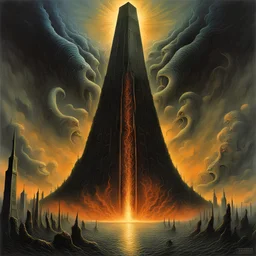 by Michael Whelan and Zdzislaw Beksinski and Luis Royo, Lovecraftian eruption in Washington DC, lovecraftian elder god entity curls around the Washington monument towering even higher than the monolith, nightmarish images pour out of its mouth blanketing the sky with a miasma of bad dreams, fantastical digital art, dramatic, Eldritch, hyperdetailed, dark colors.