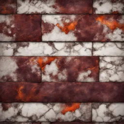 Hyper Realistic marble patterns on dark brown bricks maroon & orange on rustic grungy background with vignette effect