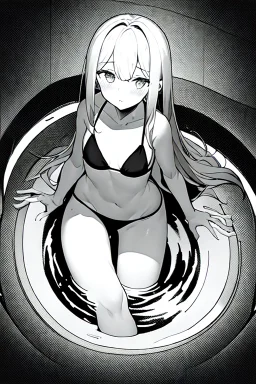 bikini long hair thin girl with leg in abyss pool, greyscale, tiny pose, screen tones