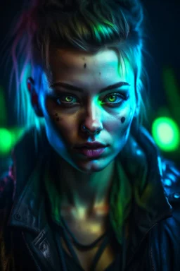 hyper real oil painting of cyberpunk Malkavian vampire portrait with clear blue-green eyes in spotlight feeling in control, zeiss prime lens, bokeh like f/0.8, tilt-shift lens 8k, high detail, smooth render, down-light, unreal engine, prize winning