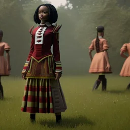 Full body, 3d render,kente scene, Jenna Ortega, Wednesday addams 1800's women style, 1800's hair style, 1800's women clothes style, hyper realistic, octane render, unreal engine 5, 8k, palace background, uhd