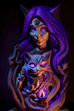 a wood carving of a female mage with flowing purple hair and glowing eyes. She is holding a cat