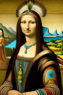 Mona Lisa wears a Pocahontas dress and a Native American feather on her head