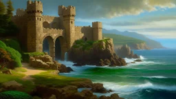 Painting of a coastal scene with a stone fortress and a figure. The fortress is built on a rocky cliff overlooking the sea, with a square tower connected to the main structure by an arched bridge. The cliff is rugged and textured, with green vegetation. In the background, the sea stretches to the horizon, with a faint outline of mountains in the distance. The lighting is soft and diffused, creating a sense of calm and tranquility.