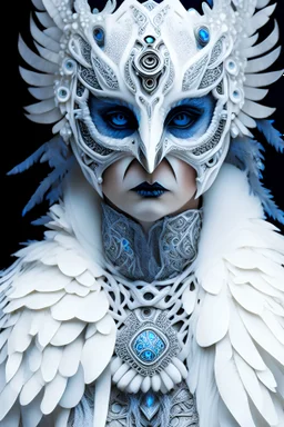 Beautiful white biomechanicsnow owl bird masqued lady portrait, extremely textured biomechanical shamanism ribbed costume jacket with miniature onix mineral stone like textured decadent goth metallic filigree white and silver dust colour gradient opal ribbed headress adorned with biomechanical shamanism silver and blue fbioluminescense agate and azurit ribbed headress wearing bioluminescense biomechanical floral embossed silver jewellry naeklace and costume organic bio spinal ribbed detail of bi