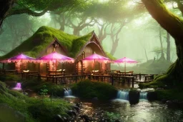 Magical fantasy elven cafe forest rivendell tree flower pink green yellow beautiful nature river waterfall