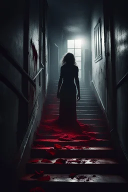 a broken red rose and a broken, bloody, torn, beaten woman lie at the bottom of a dirty staircase. At the top of the stairs stands the silhouette of a massive man, behind him a small light leaks through an open door, dramatic, gloomy atmosphere, sad, weird, dark colors, cinematic, realistic picture