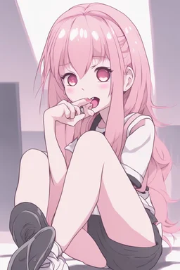 a cute poster of a Anime young monster girl, sit pose, fullbody, pink tones, rolling eyes, open mouth, finger lying on nose, veiny on eyes, fingers cute lying on nose crack, Mejiri Pose, tongue out, mouth open,