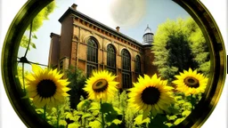 A building with a large circular window is shown, with sunflowers in the foreground. The image has a painterly style.