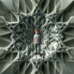 a 3d structure fractal based on tiangles,with a 8 years old boy standing in center