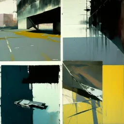 Minimal abstract oil paintings desolate 1960s carpark concrete fragments and naked bodies. style of Justin Mortimer and Francis Bacon. road markings.