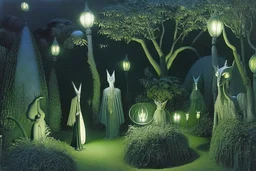 surreal gardens at night, lanterns, marble statues hiding in bushes, by artist "Leonora Carrington" and "Leonardo da Vinci"