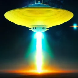 fullbody Drawing of 'Haunebu-II WW2 Flying Saucer with yellow light beam',intricate detail,andrea bonelli,Kilian Eng,Ohrai,evan lee,Aleksandr Sidelnikov,KyuYong Eom,three quarters frontal aerial view,toned colors,16k