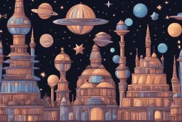 Cosmic city with domes, starships, starry sky magic dream world