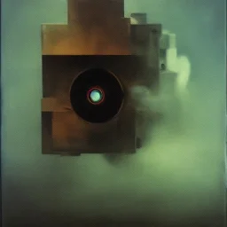 photographic camera in abstract style. fog and smoke in atmosphere. bokeh, lens flare. Dark mood. Dripping paint. oil on canvas, high detailed. beksinski