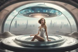 beautiful woman inside flying saucer with clear dome top over future alien city