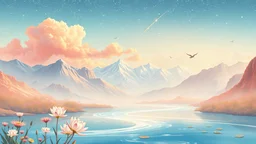 sky with warm beautiful pink orange clouds, stars and shooting star, Glowing bright snow Mountains in the background, a light blue/green flowing river, birds, light and dreamy colors, delicate pastel tones , Stylised watercolour art, white lotus, small colorful flowers, Intricate, golden/white light, warm tone, minimalistic Japanese, 新海诚风格, monument valley art style ,simplistic, spiritual awakening, soothing, soft Cinematic Volumetric lighting