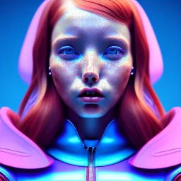 redhead woman teenager, freckles, padded coat, retro futuristic, latex dress, gradient color, BLUE, PINK, CYAN, neon, insanely detailed, 16k resolution, perfect eyes, cinematic smooth, intricate detail