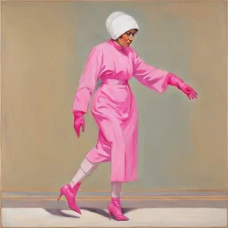 [Kupka] Mother Theresa in a pink battlesuit pink gloves and pink high heel boots. The Ministry of Silly Walks.