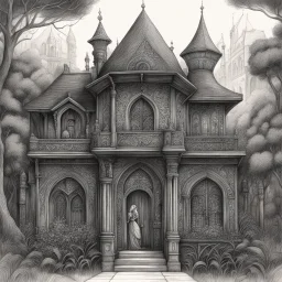 A detailed and whimsical illustration, created in a vintage charcoal style. This piece explores unique and fantastic architecture, with intricate details that invite the viewer to discover every corner. The figure at the entrance adds a touch of mystery and narrative to this imaginary scene. Ideal for lovers of fantasy art and traditional drawing.