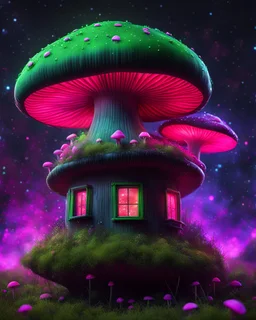 An illogical floating mushroom house on a clear moonless night. . Bright Bold Bright Colors, green pink white, Starry Dark cosmic interstellar. Detailed Matte Painting, deep color, fantastical, intricate detail, splash screen, hyperdetailed, insane depth, concept art, 8k resolution, trending on Artstation, Unreal Engine 5, color depth, backlit, splash art, dramatic, High Quality Whimsical Fun Imaginative Bubbly, perfect composition