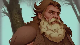 fantasy style illustration: a huge man, bigger than the biggest oak in the biggest forest. On this man was a huge mantle made of thick linen, and he girded himself with a belt of five fathoms, and his beard is like a stack of cornsilk. He is i the forest.