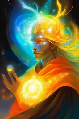 prismatic hair ethereal transparent prism astral projection Eladrin Male antlers druid beard sparkling radiance prismatic shining starlight enshrouded glowing hot sunlight warm orange constellations