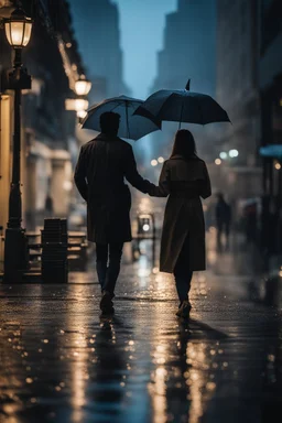 A couple walking hand in hand in a rainy night looking at the city