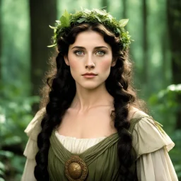 [high res photo by Monty Python] Hermia from Shakespeare's A Midsummer Night's Dream. Petite and youthful, with dark hair cascading around her expressive eyes. She dresses simply yet elegantly, her attire reflecting her inner strength and resolve. Hermia exudes determination and passion as she steps into the role of a gladiatrix in the forest clearing, her arena for the day. The air crackles with a sense of defiance and courage as she prepares to face the challenges ahead, her gaze unwavering an