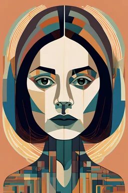 an detailed abstract flat geometric portrait illustration of Hope Sandoval with highly defined facial features in the minimalist style of Eileen Agar, Federico Babina and Petros Afshar, sharply drawn and finely lined, in vibrant natural colors