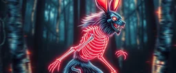radiant neon werewolf rabbit thick Skeleton with lotsa fluffy fur, motion blur background dark forest