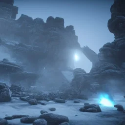  4k, 8k, unreal engine, highly detailed, cinematic, photorealistic, alien landscape, ancient alien ruins with symbols, ice, volumetric lighting