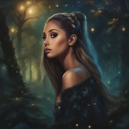 Painting of a beautiful girl, beautiful, pretty face, young girl, fantasy art, Ariana Grande's face, dream, trees, forest, dark night, song, glitters background, fantasy