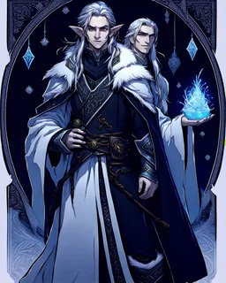 a young High Elf frost Wizard with long wiry hair, wearing a black trimmed white nobleman's robe and frost ornaments on clothes, with a small weasel on his shoulder