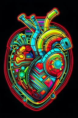 FLAT VECTOR LAYERED 2-D MULTICOLORED COMPLIMENTARY NEON MECHANICAL HUMAN HEART, METALLIC,