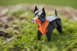 origami terrier with brown eyes and black fur long snout , tri color, paper folding, miniature, cute, handmade, precise, intricate folds, traditional Japanese art style, long fur , the dog stand in long green grass